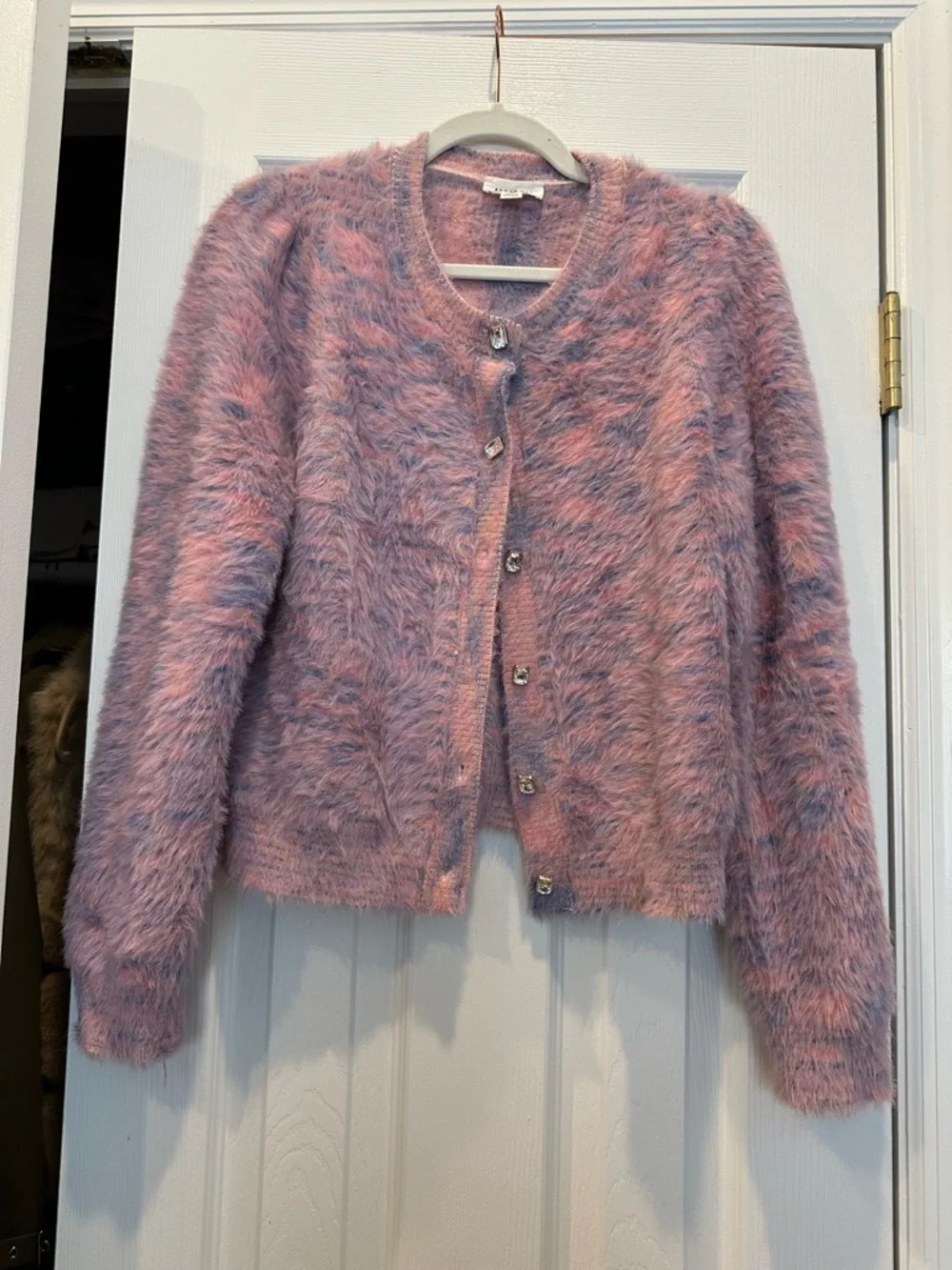 ALLISON Fuzzy Jeweled Cardigan in Lavender Pink